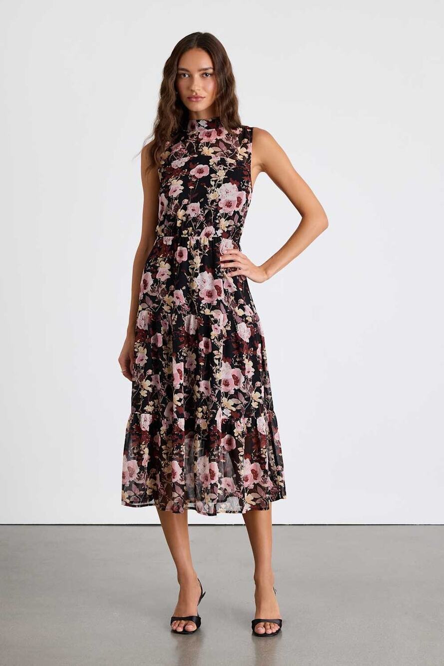 NWT Lulus In My Dreams Black and Pink Floral Print Midi Dress Tiered Cruise Sz L - Picture 1 of 8